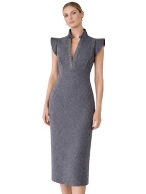 Shelly Steffee Gray Wool Blend Sheath Midi Dress Winged Shoulder Size 6